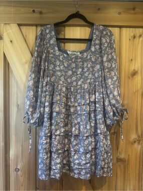 Jen's Pirate Booty Dusty Blue Floral Tiered Peasant Dress